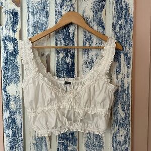 White cotton ruched crop top peasant top Zara large